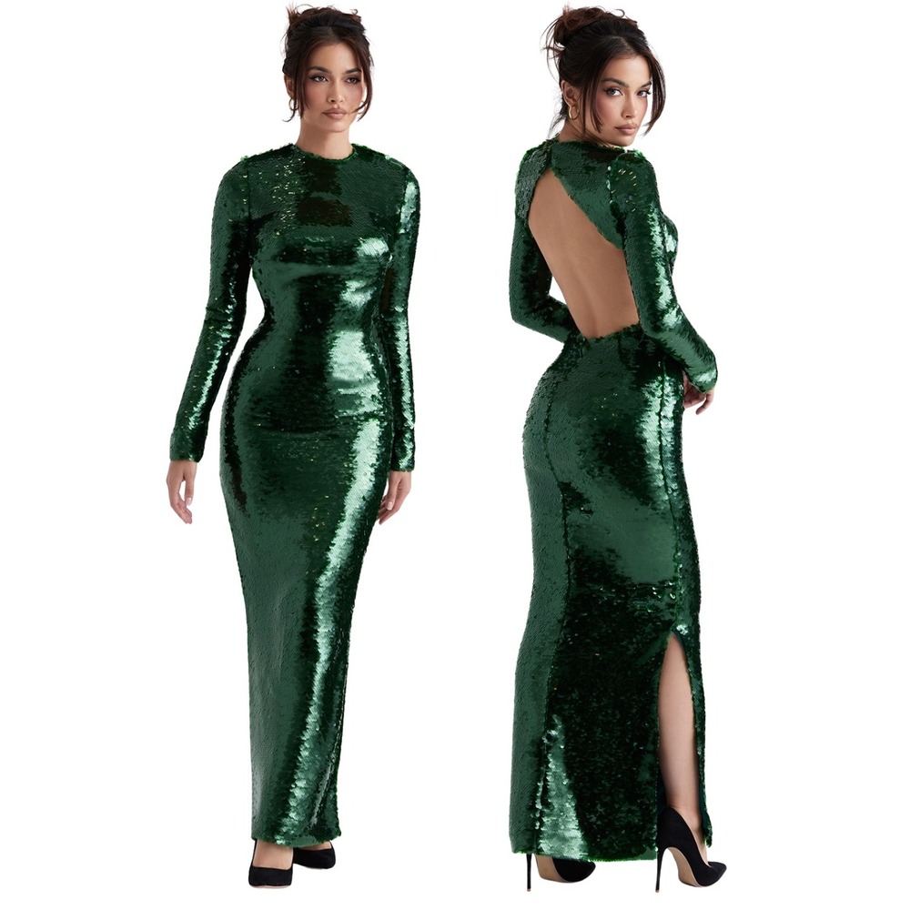 House of CB Dress Womens Small Pine‎ Green Belle Sequin Open Back Maxi Party NEW
